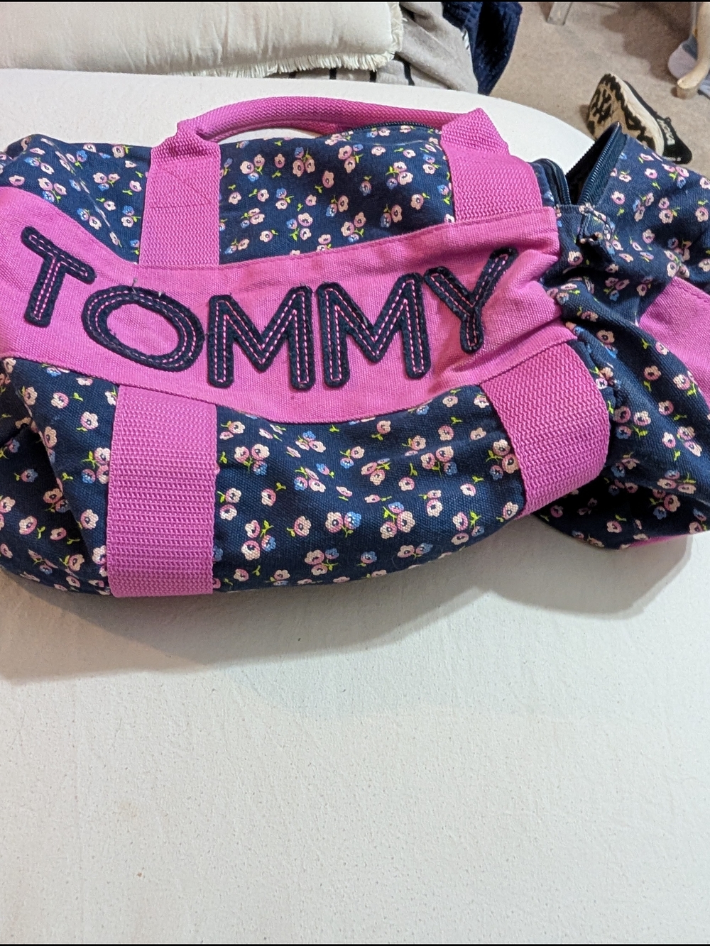 Tommy Hilfiger Navy Floral Mini Bag with Pink Trim